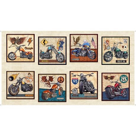 Easy Rider by Dan Morris 24" Panel 9.2" square Motorcycle Patch Cream 27480E Cotton Woven Panel