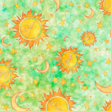 Dream Big by Dan Morris Sun/Moon/Stars Light Green 27575H Cotton Woven Fabric