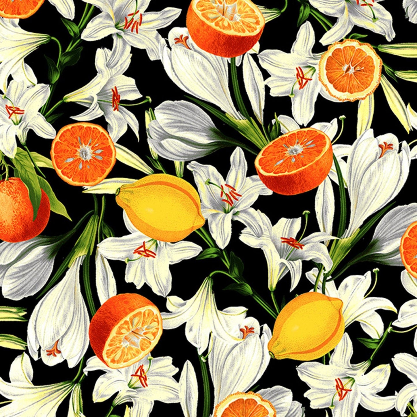 Citrus Garden Lilies with Citrus Black RJ1400JBK2 Cotton Woven Fabric