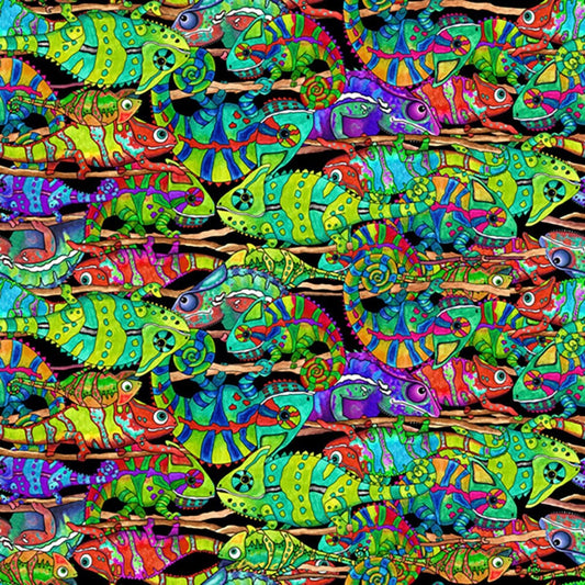 Color Me Chameleon Packed Chameleons on Black 27488-J Cotton Woven Fabric