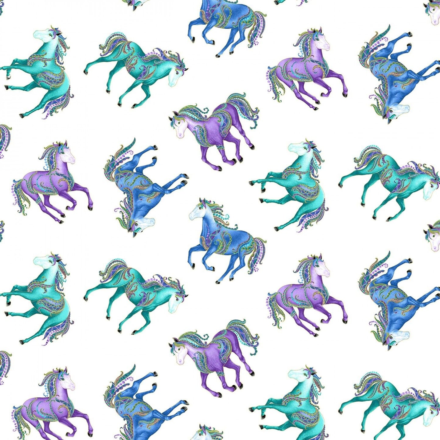 Horsen Around by Ann Lauer Reigning Horses White with Metallic 6854MB-09 Cotton Woven Fabric