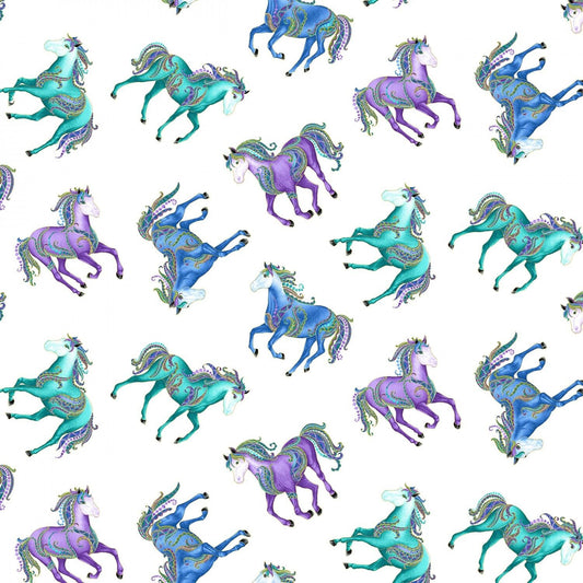 Horsen Around by Ann Lauer Reigning Horses White with Metallic 6854MB-09 Cotton Woven Fabric