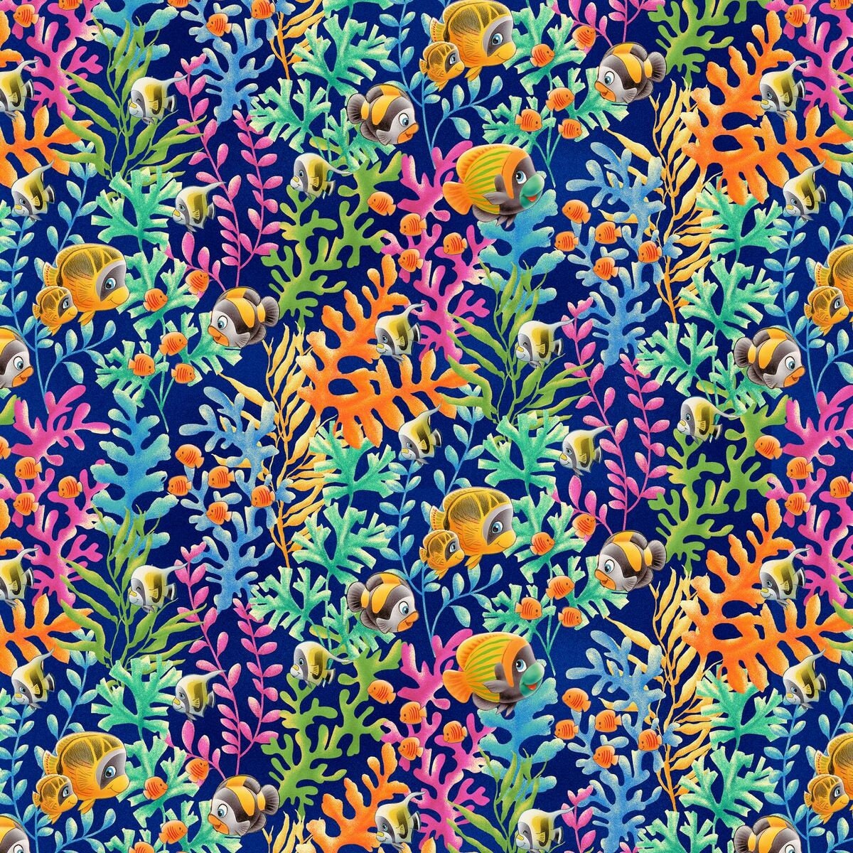 Sea World by Lorella Avinci Coral and Fish Navy 5047-77 Cotton Woven Fabric