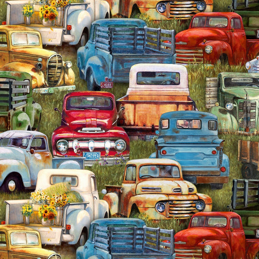 Vintage Trucks by Wendy Marquis Green Vintage Trucks Packed 21002E-GRN Cotton Woven Fabric