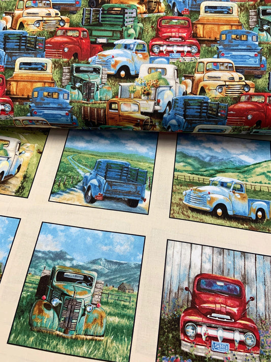 Vintage Trucks by Wendy Marquis Green Vintage Trucks Packed 21002E-GRN Cotton Woven Fabric