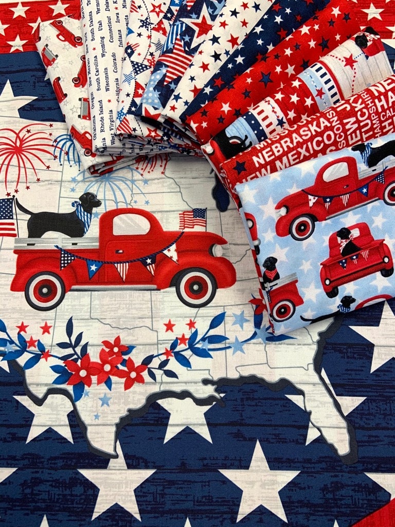 Truckin' In The USA by Chelsea DesignWorks Mini Stars White 5006-1 Cotton Woven Fabric