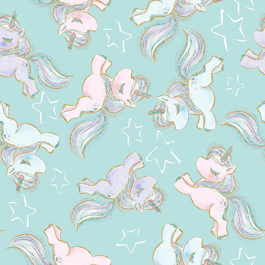 Unicorn Sparkle Turquoise Prancing Unicorns with Glitter 15851-TRQ Cotton Woven Fabric