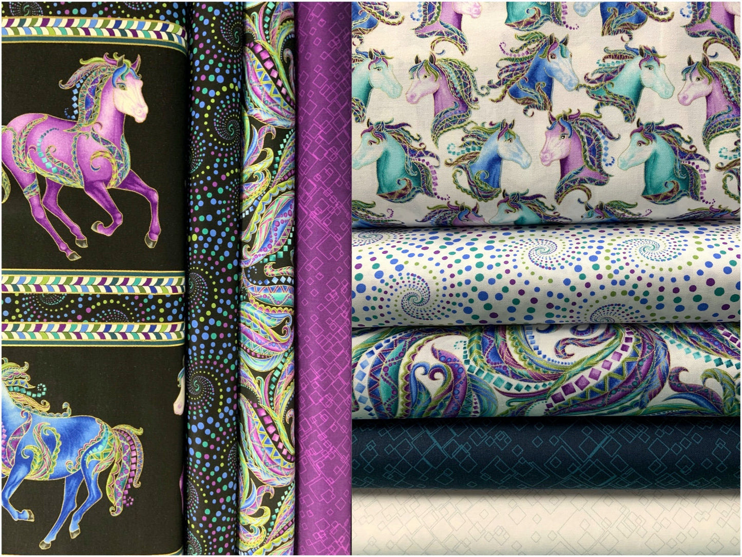 Horsen Around by Ann Lauer Small Reigning Horses White with Metallic 6858MB-09 Cotton Woven Fabric
