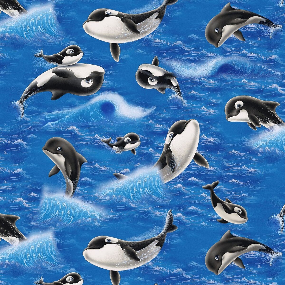 Sea World by Lorella Avinci Swimming Whales Royal 5044-77 Cotton Woven Fabric