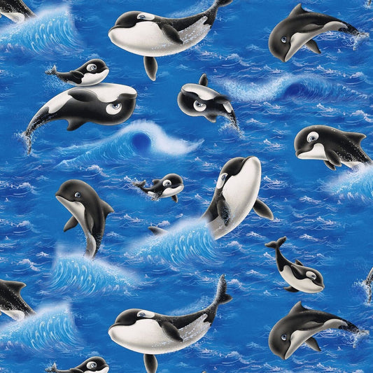 Sea World by Lorella Avinci Swimming Whales Royal 5044-77 Cotton Woven Fabric