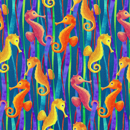 Sea World by Lorella Avinci Sea Horse Teal 5050 76 Cotton Woven Fabric