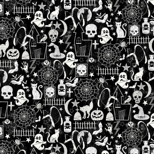 Bad Blood Vampire Glow Halloween Motifs FUN-CG7787-BLACK Glow in the Dark Cotton Woven Fabric