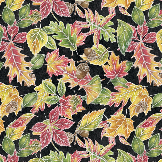 Rake & Bake by Lily Ford Leaves Black 1128-99  Cotton Woven Fabric