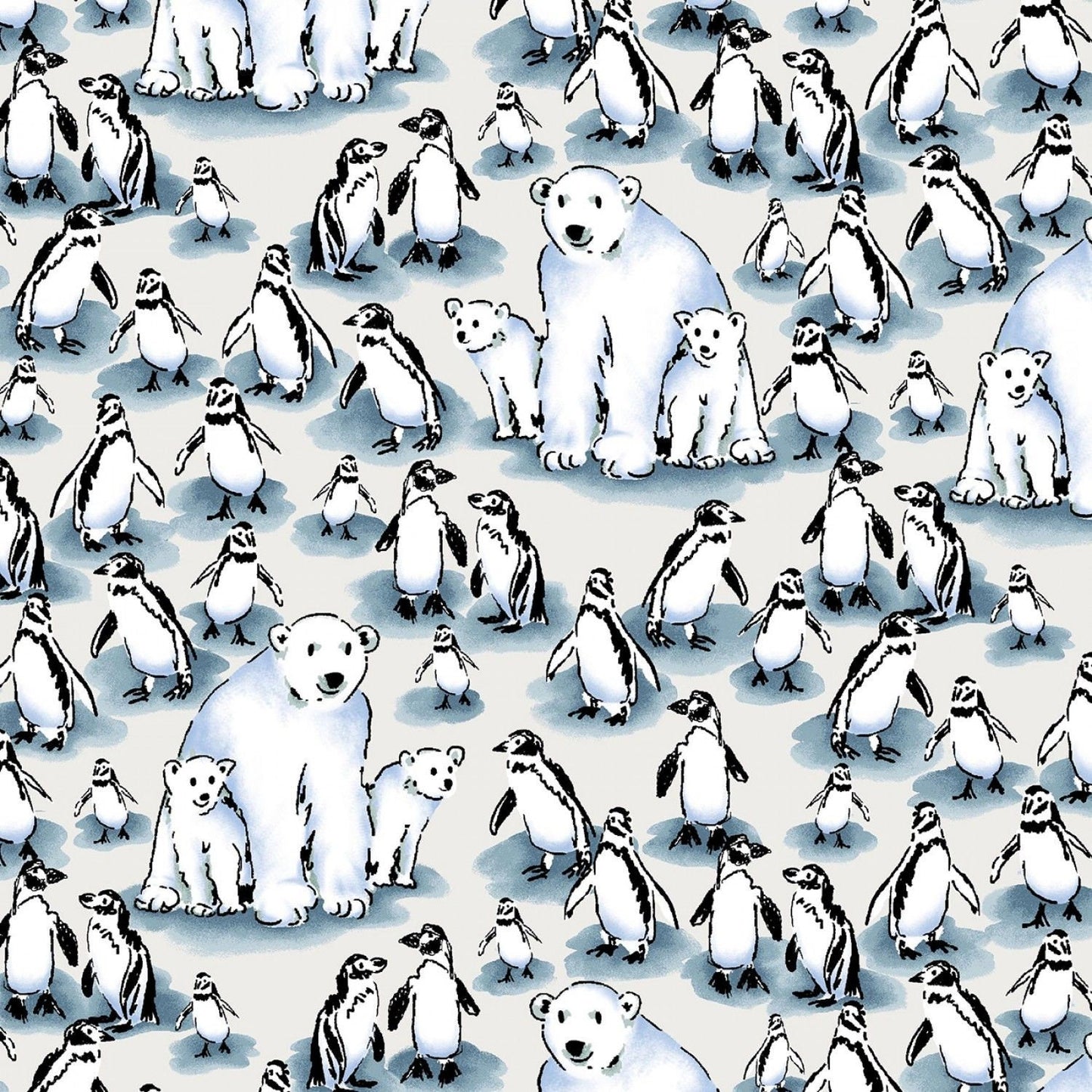 Family Fun Day Side by Side White Polar Bears & Penguins CX9040-WHIT  Cotton Woven Fabric
