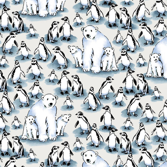 Family Fun Day Side by Side White Polar Bears & Penguins CX9040-WHIT Cotton Woven Fabric