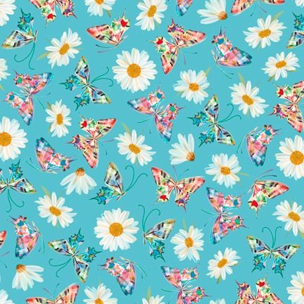 Daisy Meadow by Turnowsky Daisy & Butterfly Toss Medium Aqua 27805Q Cotton Woven Fabric