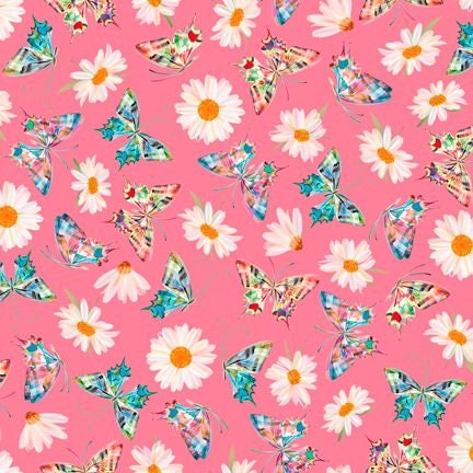 Daisy Meadow by Turnowsky Daisy & Butterfly Toss Medium Pink 27805P Cotton Woven Fabric