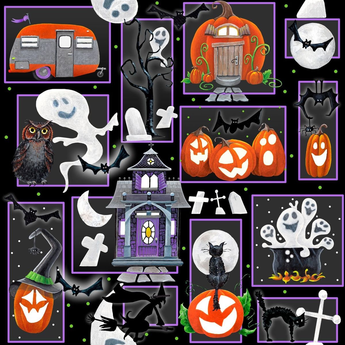 Booville by Annie Troe Halloween Patch Black 1032G-99 Glow in the Dark Cotton Woven Fabric