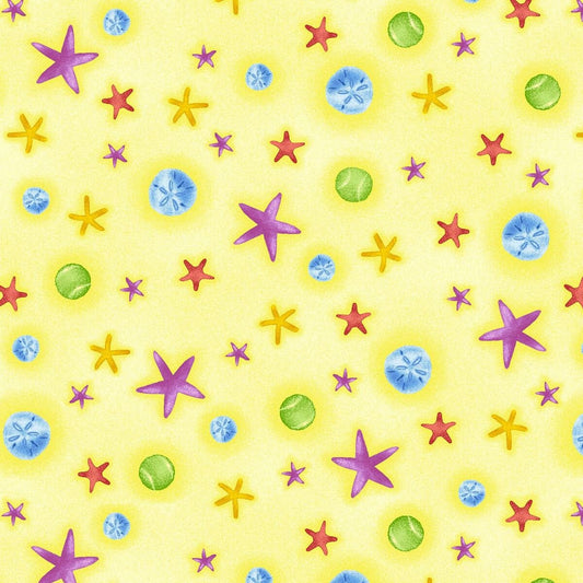 Surfin' Hounds by Tracy Ann Starfish and Sand Dollars Toss Yellow 5215-44 Cotton Woven Fabric