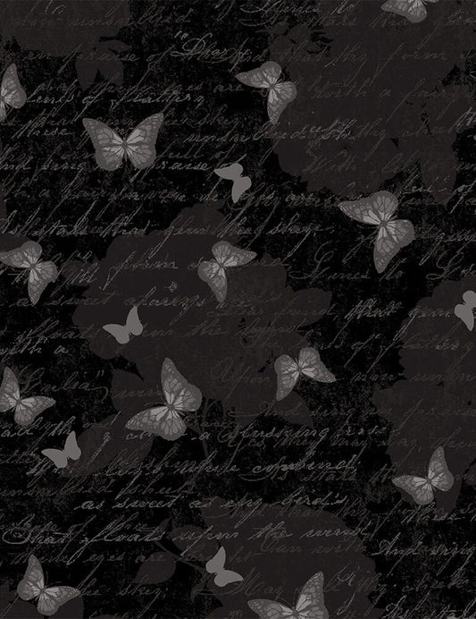 Garden Rose Antique Butterfly Text BUTTERFLY-C7975-BLACK Cotton Woven Fabric