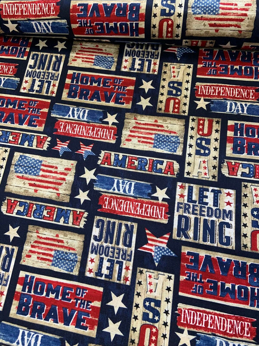 Let Freedom Ring Patriotic Rustic Signs USA-C7996-NAVY Cotton Woven Fabric