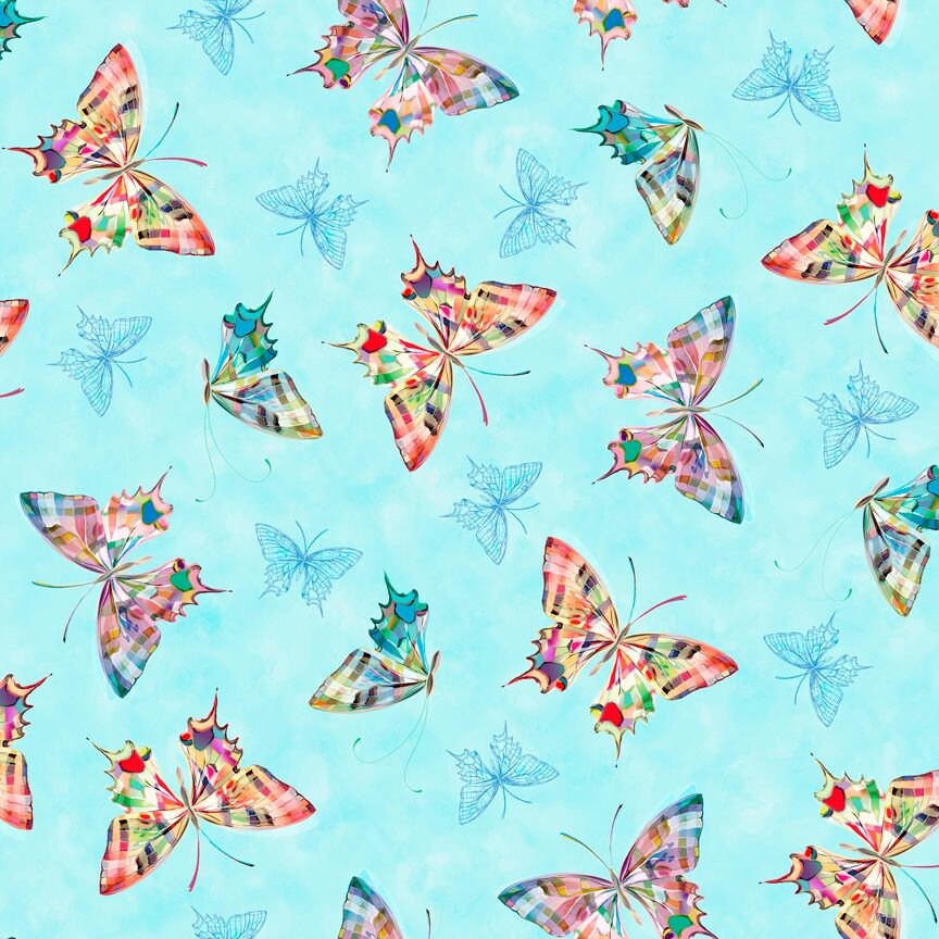 Daisy Meadow by Turnowsky Tossed Butterflies Light Aqua 27802Q Cotton Woven Fabric