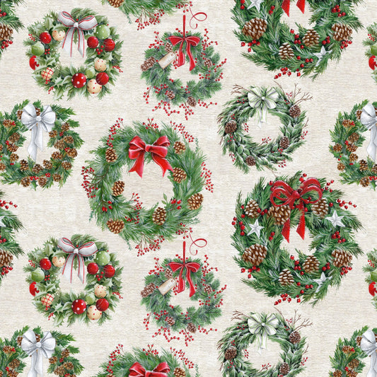 December Magic by Emma Leach Christmas Wreaths Ecru 1049-41 Cotton Woven Fabric