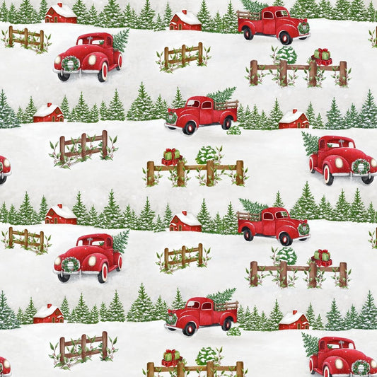 December Magic by Emma Leach Scenic Red Truck Lt Gray 1045-90 Cotton Woven Fabric