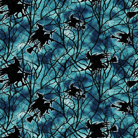 Thriller Night Flying Witches Slate 1013G-79 Glow in the Dark Cotton Woven Fabric