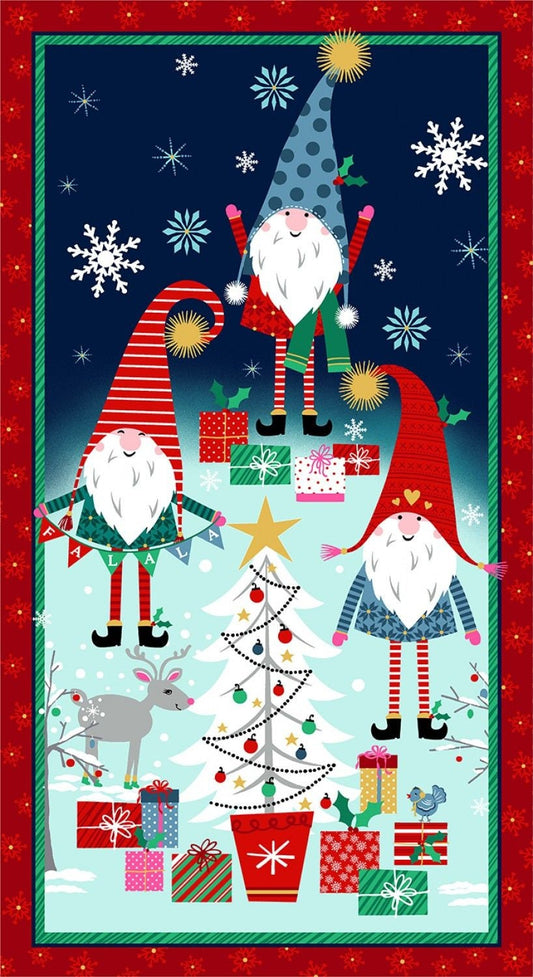 A Gnome To Fa La 24" Panel Navy Holiday Gnomes w/ Metallic CM8872-NAVY Cotton Woven