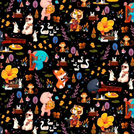 Woodland Musician Forest Jam Black DC9012-BLAC Cotton Woven Fabric
