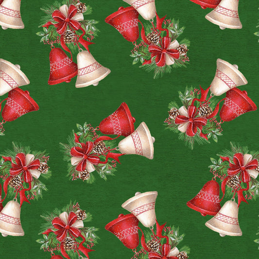 December Magic by Emma Leach Christmas Bells Green 1046-66 Cotton Woven Fabric