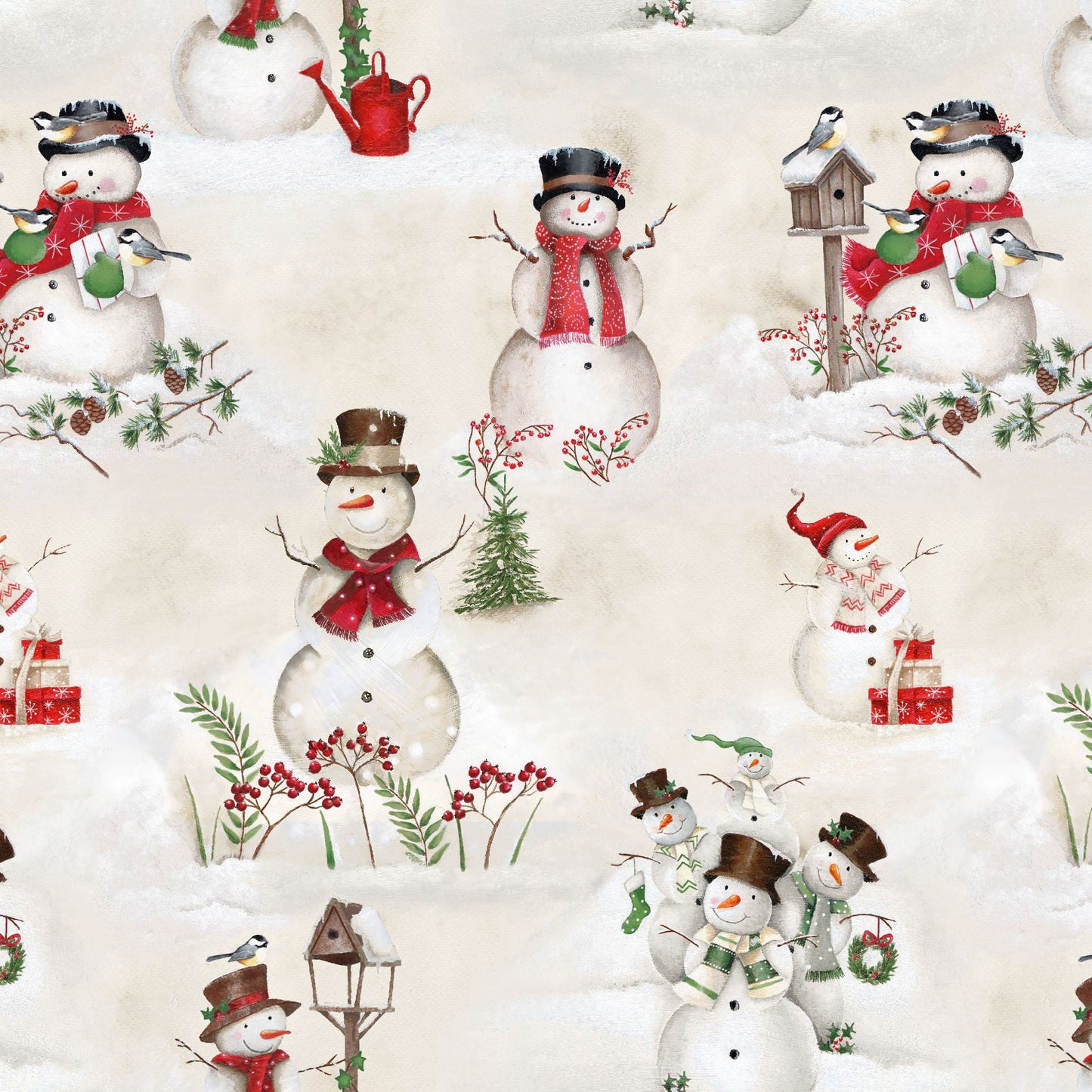 December Magic by Emma Leach Scenic Snowman Ecru 1044-41 Cotton Woven Fabric