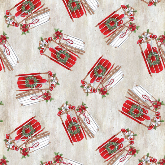 December Magic by Emma Leach Sleds Ecru 1043-41 Cotton Woven Fabric