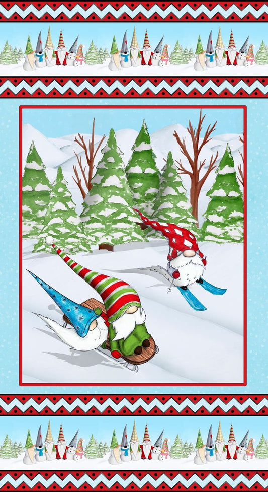 Gnoming Through the Snow by Hugo Edwards 24" Panel Gnomes Skiing Lt Blue 1098P-11 Cotton Woven Panel