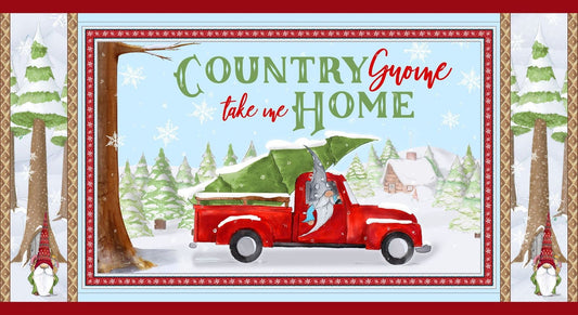 Gnoming Through the Snow by Hugo Edwards 24" Panel Red Truck Lt Blue 1097P-11 Cotton Woven Panel