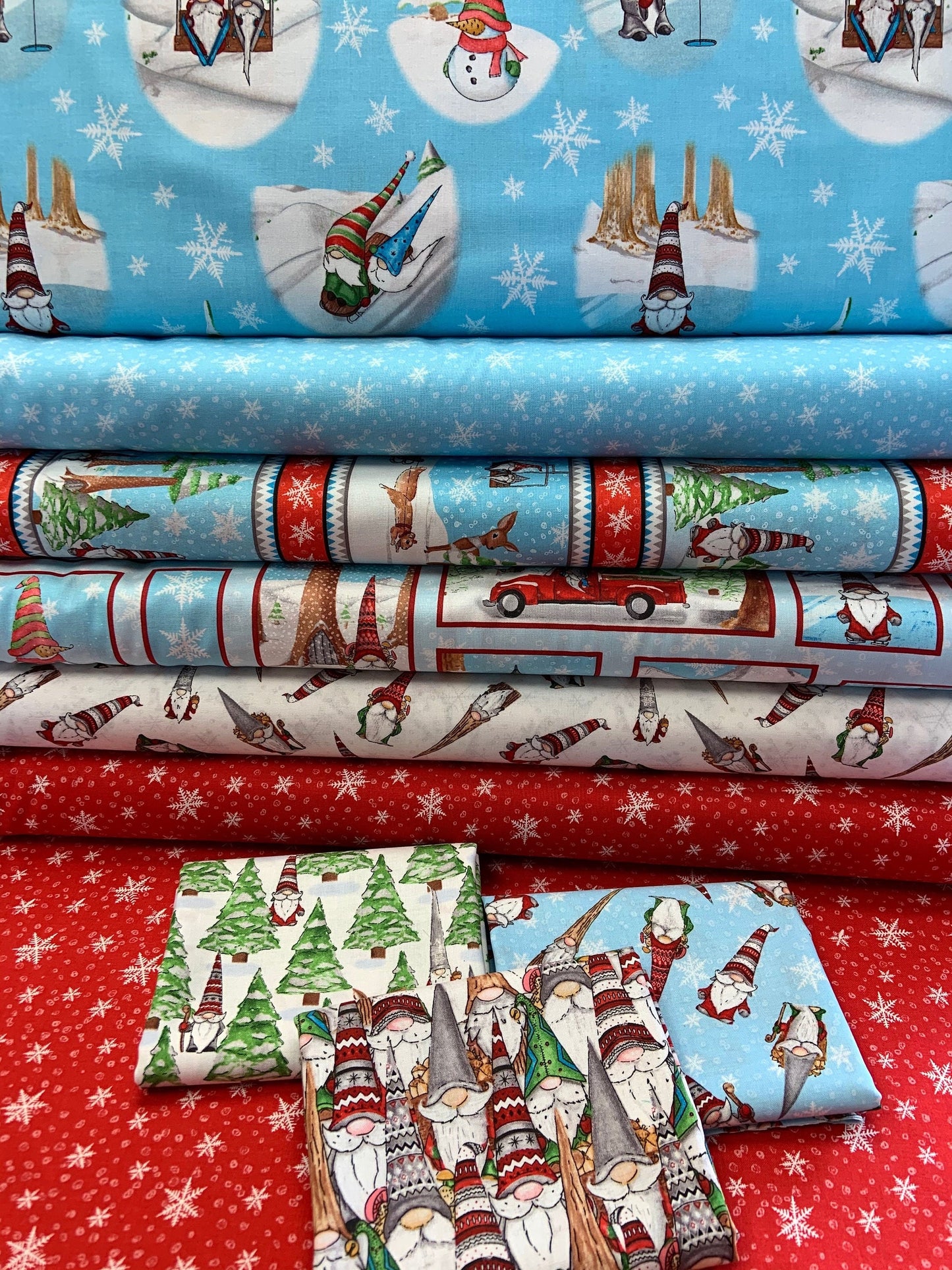 Gnoming Through the Snow by Hugo Edwards Gnome Vignettes Lt Blue 1106-11 Cotton Woven Fabric