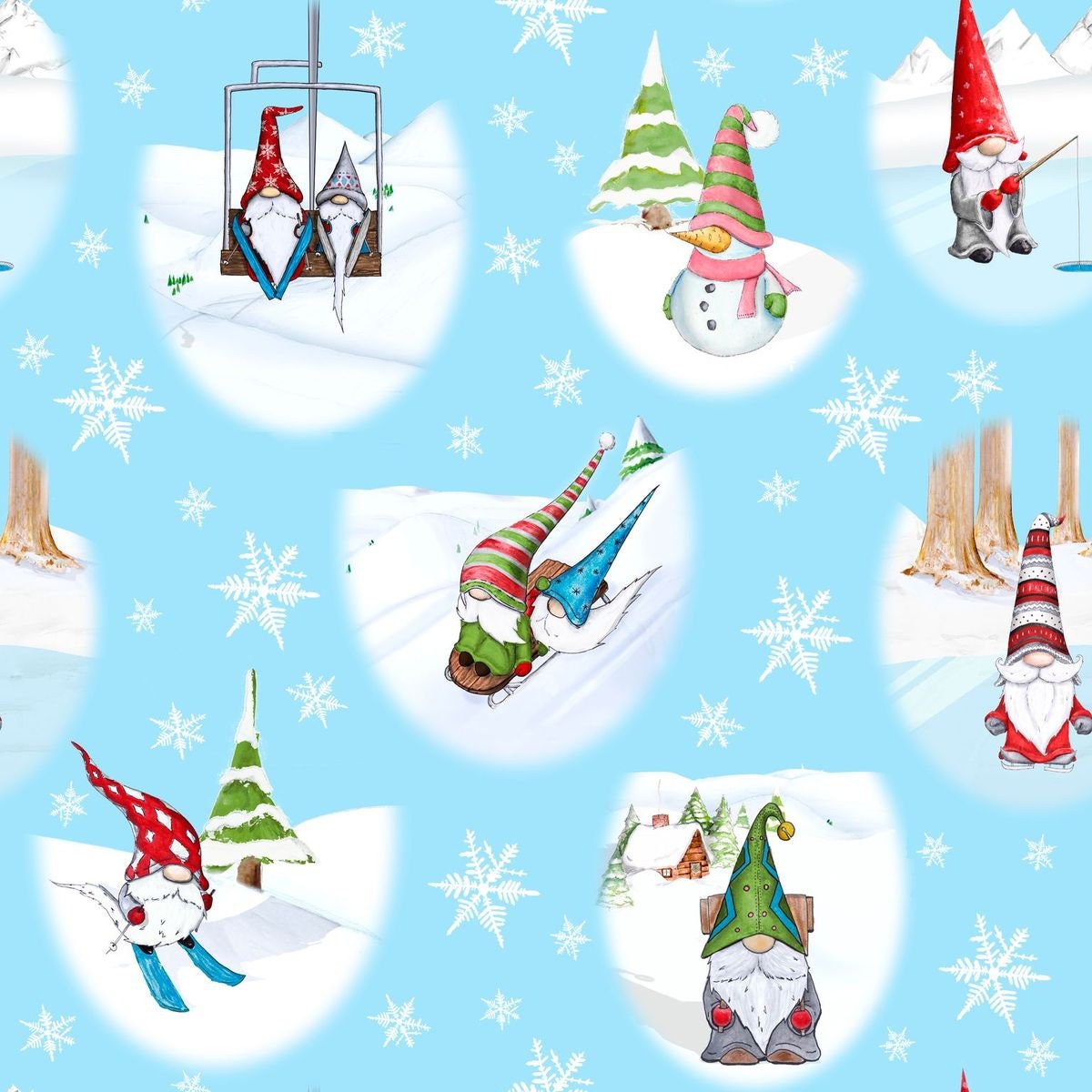 Gnoming Through the Snow by Hugo Edwards Gnome Vignettes Lt Blue 1106-11 Cotton Woven Fabric