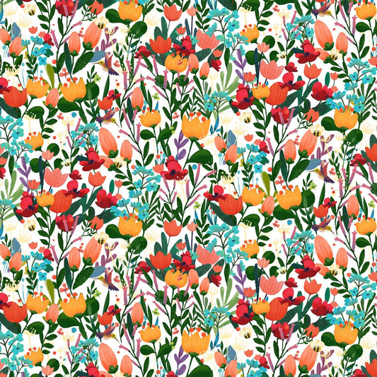 Woodland Musician Flowers White DC9014-BWHT Cotton Woven Fabric