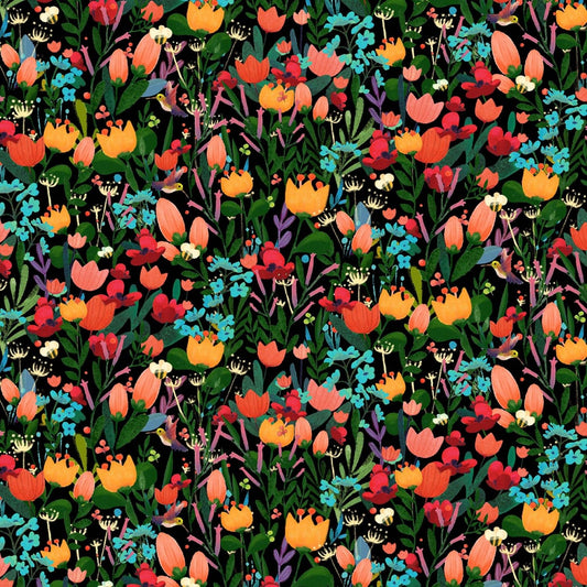 Woodland Musician Flowers Black DC9014-BLAC Cotton Woven Fabric