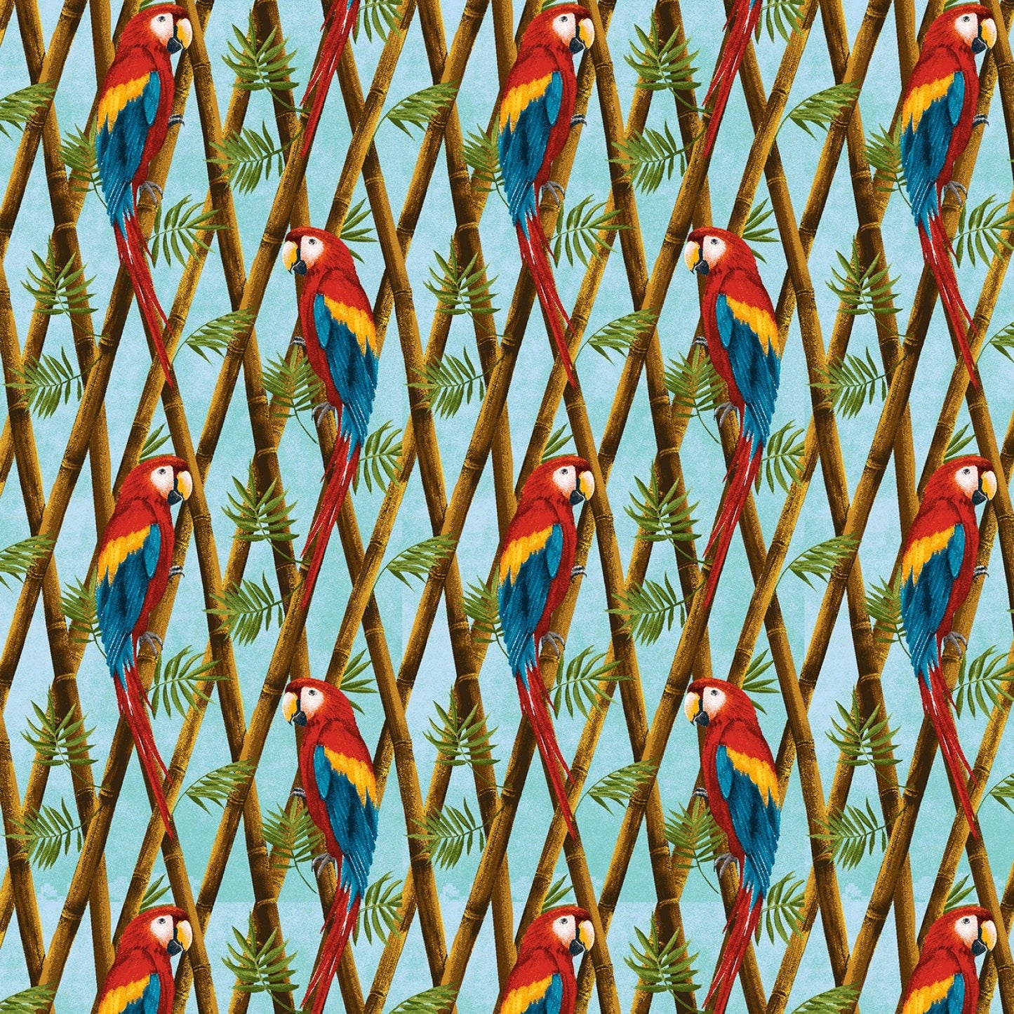 Birds in Paradise by Lisa Sparling Parrot Seated On Bamboo Sky Blue 9079-11 Cotton Woven Fabric