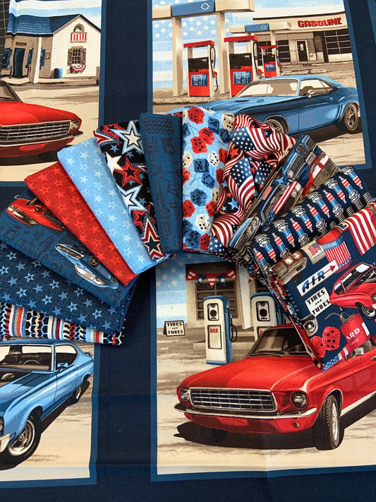 American Muscle by Chelsea Designworks Patriotic On Coming Cars 5334-78  Cotton Woven Fabric