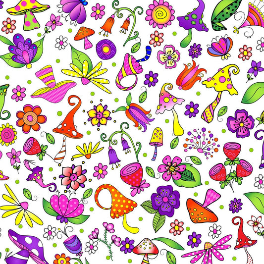 Garden Gnomes by Sue Marsh Forest Floor White # SM403 WH1 Cotton Woven Fabric