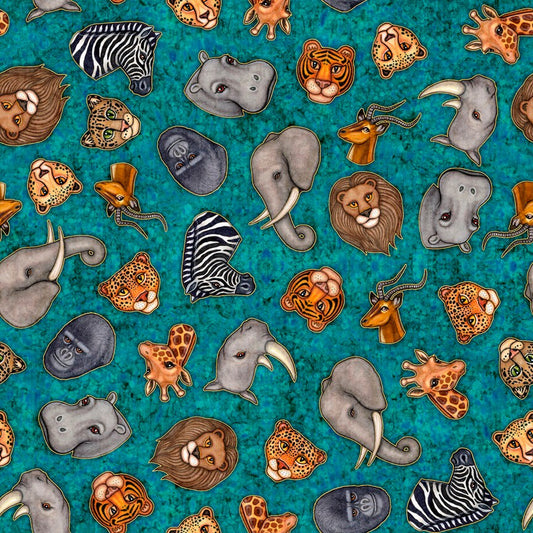 Serengeti by Dan Morris Animal Heads Turquoise 27765Q Cotton Woven Fabric