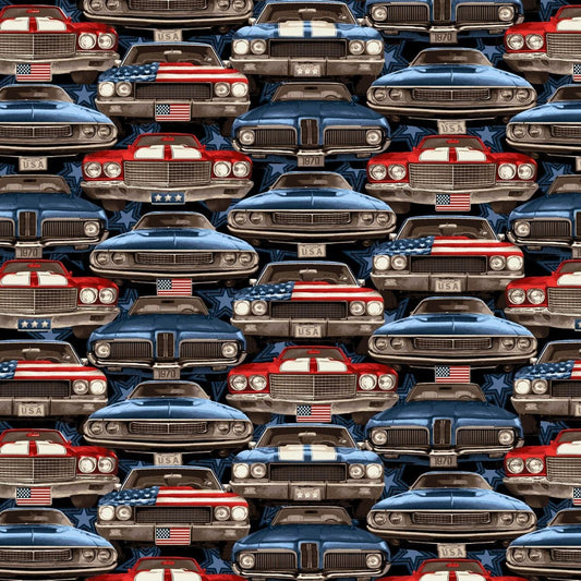 American Muscle by Chelsea Designworks Patriotic On Coming Cars 5334-78  Cotton Woven Fabric