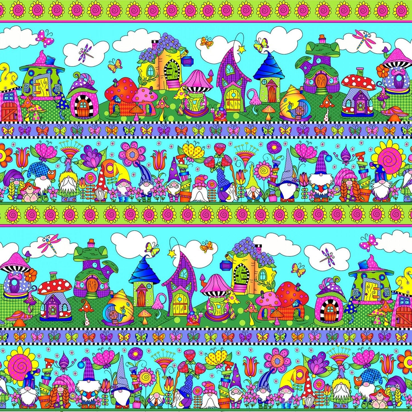 Garden Gnomes by Sue Marsh Gnome Home Cyan SM401-CY1 Cotton Woven Fabric