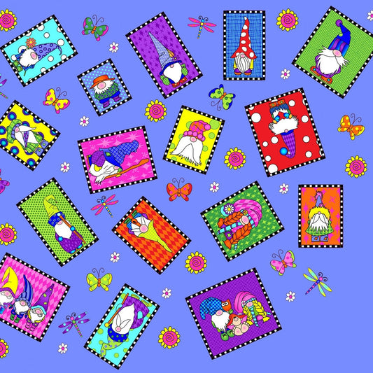 Garden Gnomes by Sue Marsh Gnome Family Portraits Periwinkle SM402-PE1 Cotton Woven Fabric