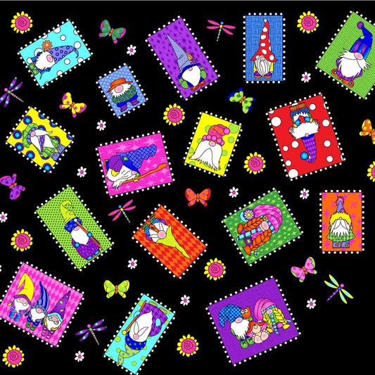 Garden Gnomes by Sue Marsh Gnome Family Portraits Black SM402-BK3 Cotton Woven Fabric