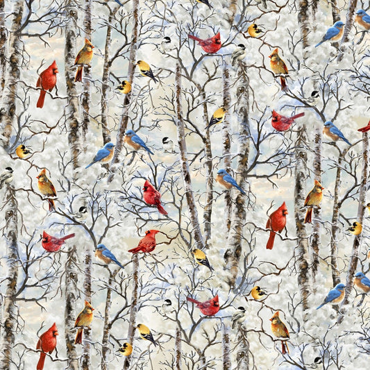 Tree Farm Winter Birds C7593-WHT  Cotton Woven Fabric