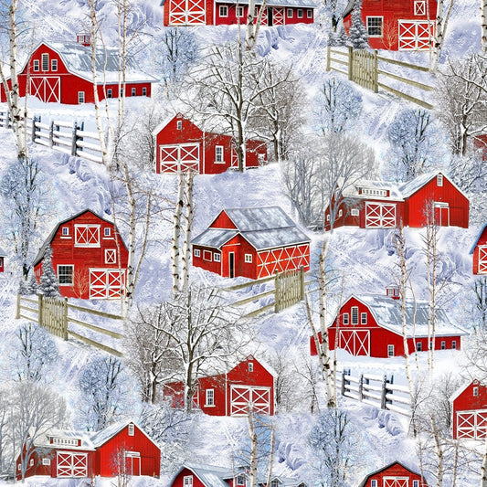 Winter Barn Red Barns in Snow C7869-MLT Cotton Woven Fabric